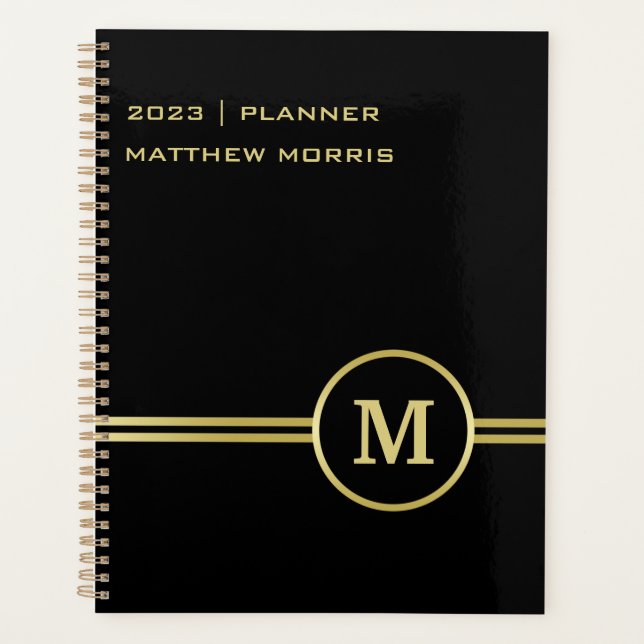 Elegant gold Personalised  Monogram on black  Planner (Front)
