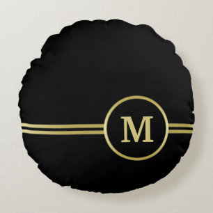 Elegant gold Personalised  Monogram on black  Round Cushion