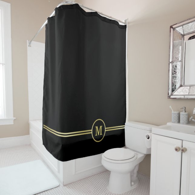 Elegant gold Personalised  Monogram on black  Shower Curtain (In Situ)