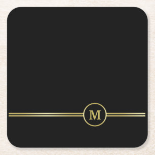Elegant gold Personalised Monogram on black Square Paper Coaster