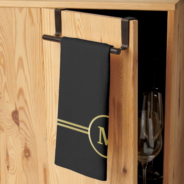 Elegant gold Personalised  Monogram on black  Tea Towel (Thirds Fold)