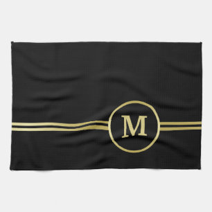 Elegant gold Personalised  Monogram on black  Tea Towel