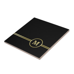 Elegant gold Personalised  Monogram on black  Tile