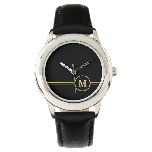 Elegant gold Personalised  Monogram on black  Watch (Front)