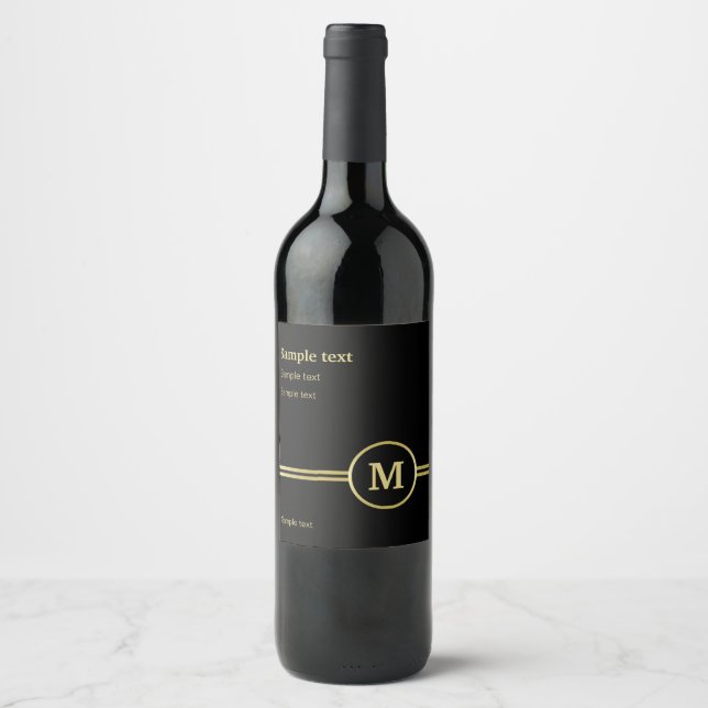 Elegant gold Personalised  Monogram on black  Wine Label (Front)