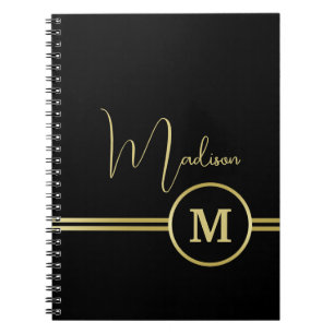 Elegant gold Personalized  Monogram on black  Notebook