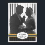 Elegant Gold Photo 50th Wedding Anniversary Party Invitation<br><div class="desc">Feature the celebrated couple with an original wedding photo or a photo from today in this lovely black, white and gold photo card party invitation. An elegant text with subtle tuxedo striped background with faux ribbon accent on the front that features a large photo of the special couple and makes...</div>