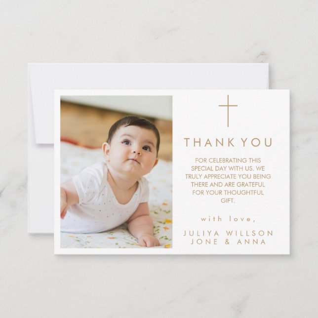 Elegant gold Photo Baptism Thank You  card (Front)
