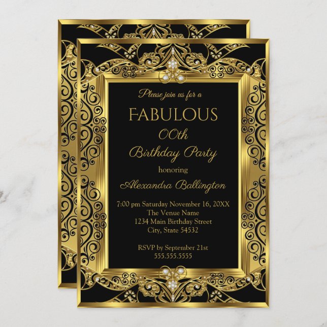 Elegant Gold Photo Birthday Party Black Damask Invitation (Front/Back)