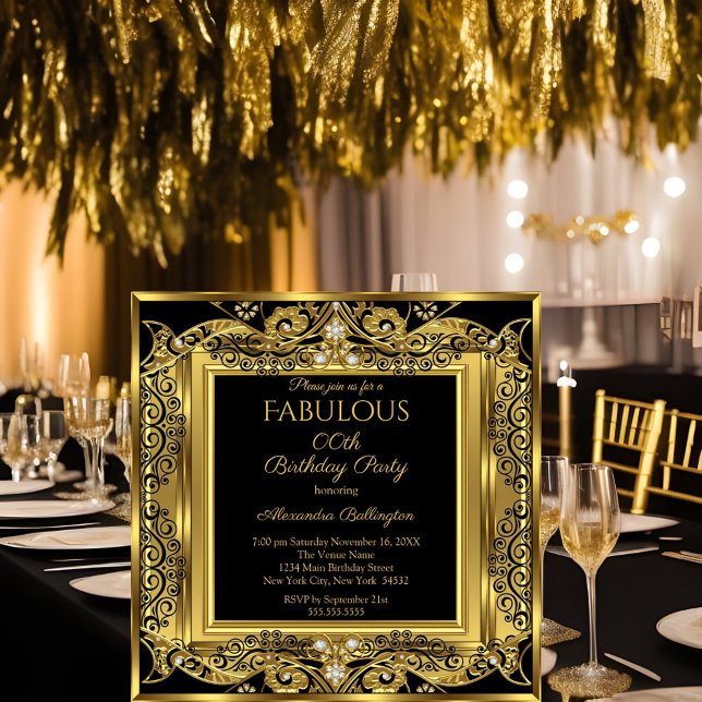 Elegant Gold Photo Birthday Party Black Damask SQ Invitation (Creator Uploaded)