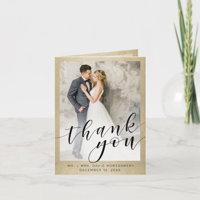 Elegant Gold Photo Black Script Wedding Thank You Card (Front)