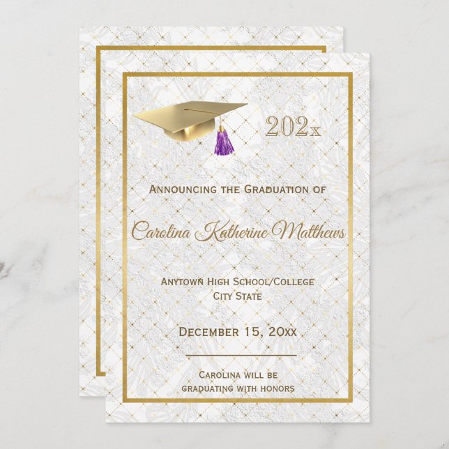 Elegant Gold Photo Cap Purple Graduation Announcement (Front/Back)