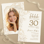 Elegant Gold Photo Surprise 30th Birthday Invitation<br><div class="desc">Elegant gold cream surprise 30th birthday party invitation with your photo on the back of the card. Trendy modern feminine design features botanical accents and typography script font. Simple floral invite card perfect for a stylish female surprise bday celebration. Can be customised to any age. Printed Zazzle invitations or instant...</div>