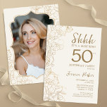Elegant Gold Photo Surprise 50th Birthday Invitation<br><div class="desc">Elegant gold cream surprise 50th birthday party invitation with your photo on the back of the card. Trendy modern feminine design features botanical accents and typography script font. Simple floral invite card perfect for a stylish female surprise bday celebration. Can be customised to any age. Printed Zazzle invitations or instant...</div>