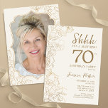 Elegant Gold Photo Surprise 70th Birthday Invitation<br><div class="desc">Elegant gold cream surprise 70th birthday party invitation with your photo on the back of the card. Trendy modern feminine design features botanical accents and typography script font. Simple floral invite card perfect for a stylish female surprise bday celebration. Can be customised to any age. Printed Zazzle invitations or instant...</div>