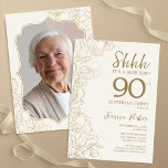 Elegant Gold Photo Surprise 90th Birthday Invitation<br><div class="desc">Elegant gold cream surprise 90th birthday party invitation with your photo on the back of the card. Trendy modern feminine design features botanical accents and typography script font. Simple floral invite card perfect for a stylish female surprise bday celebration. Can be customised to any age. Printed Zazzle invitations or instant...</div>