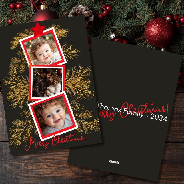 Elegant Gold Pine Holiday Photo Collage Card (Creator Uploaded)