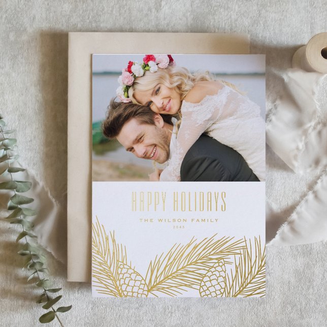 Elegant Gold Pine Needles and Pine Cones Photo (Faux Gold Foil Pine Needles and Pine Cones Happy Holidays Card)