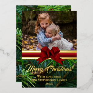 Elegant Gold Pine Red Bow Christmas Photo