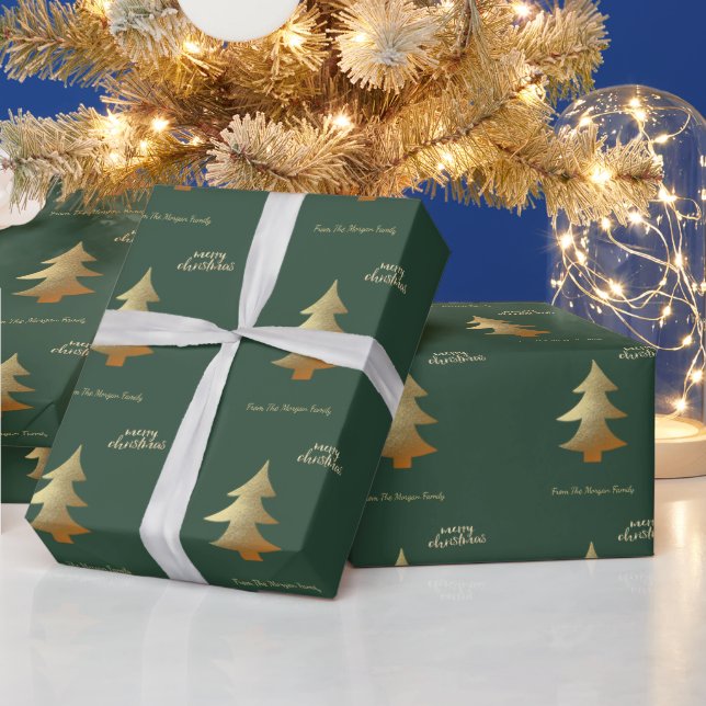 Elegant Gold Pine Tree Green Merry Christmas  Wrapping Paper (Holidays)