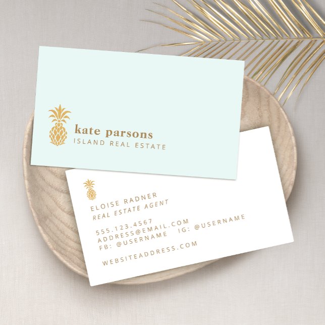 Elegant Gold Pineapple Pastel BLue Business Card (Creator Uploaded)