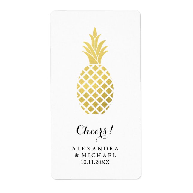 Elegant Gold Pineapple Wedding Wine Label (Front)