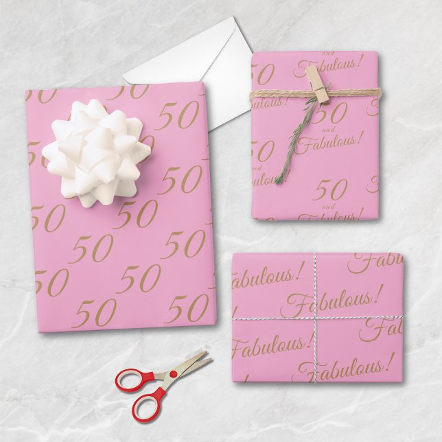 Elegant Gold Pink 50 Fabulous Birthday Wrapping Paper Sheet (Creator Uploaded)