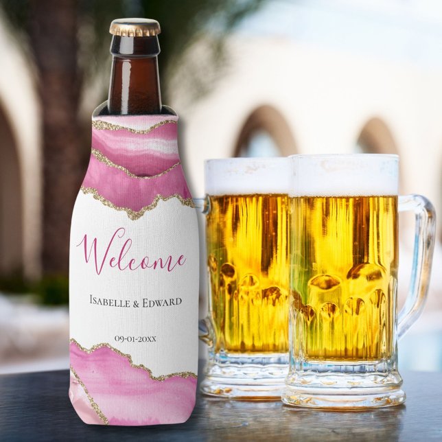 Elegant Gold Pink Agate Stone Wedding Guest Favour Bottle Cooler (Creator Uploaded)