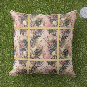 Elegant Gold, Pink and Black Jungle Leaf Pattern Cushion
