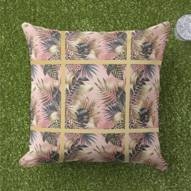 Elegant Gold, Pink and Black Jungle Leaf Pattern Cushion (Grass)