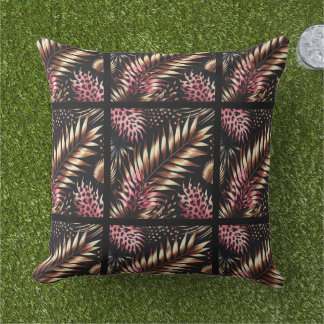 Elegant Gold, Pink and Black Jungle Leaf Pattern Cushion