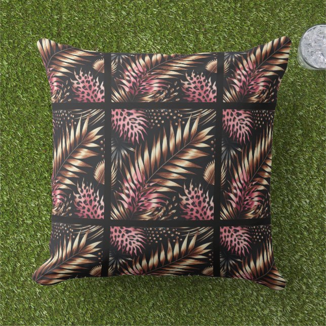 Elegant Gold, Pink and Black Jungle Leaf Pattern Cushion (Grass)