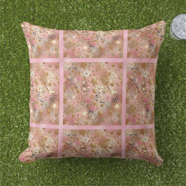 Elegant Gold, Pink and Black Jungle Leaf Pattern Cushion (Grass)
