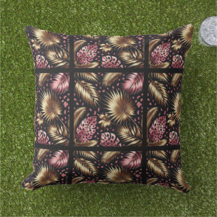 Elegant Gold, Pink and Black Jungle Leaf Pattern Cushion