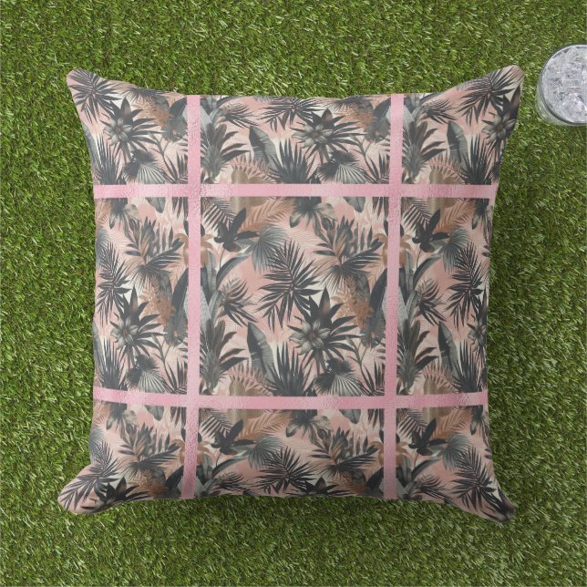 Elegant Gold, Pink and Black Jungle Leaf Pattern Cushion (Grass)