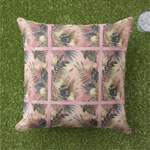 Elegant Gold, Pink and Black Jungle Leaf Pattern Cushion