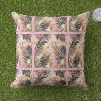 Elegant Gold, Pink and Black Jungle Leaf Pattern Cushion