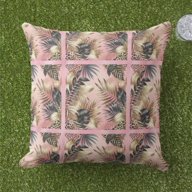 Elegant Gold, Pink and Black Jungle Leaf Pattern Cushion (Grass)