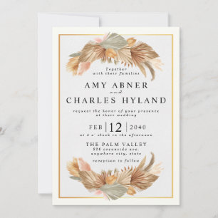 Elegant Gold Pink Boho Pampas Grass Frame Wedding Invitation
