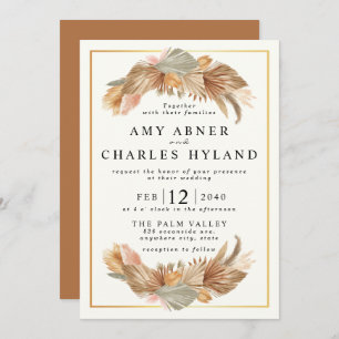 Elegant Gold Pink Boho Pampas Grass Frame Wedding Invitation