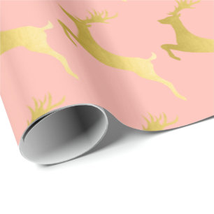 Elegant Gold Pink Christmas Reindeer Pattern Wrapping Paper