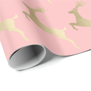 Elegant Gold Pink Christmas Reindeer Pattern Wrapping Paper