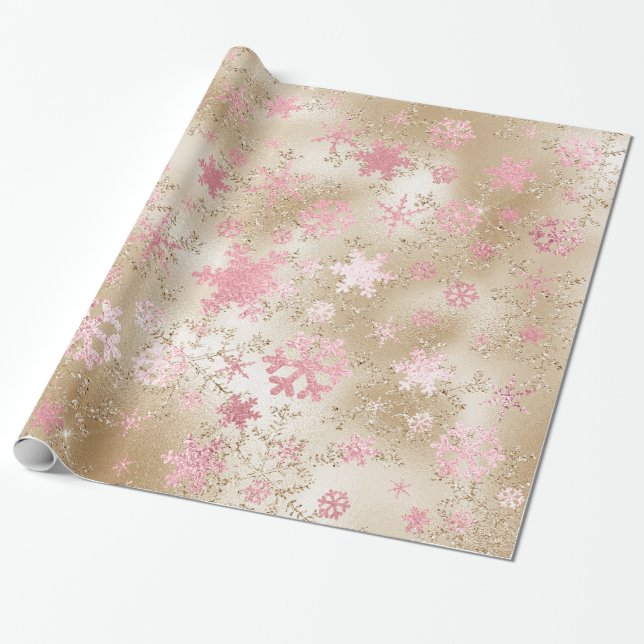 Elegant Gold & Pink Christmas Snowflake Pattern Wrapping Paper (Unrolled)