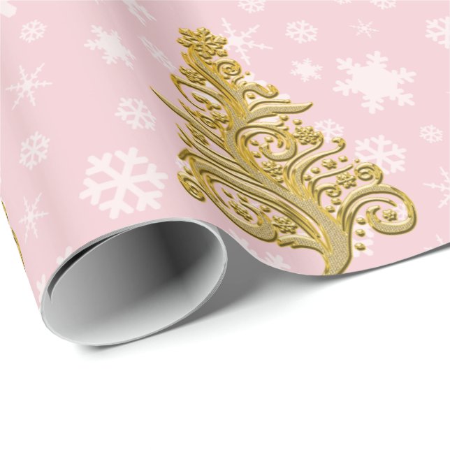Elegant Gold & Pink Christmas Tree Pattern Wrapping Paper (Roll Corner)
