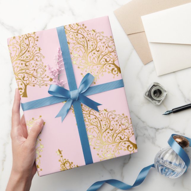 Elegant Gold & Pink Christmas Tree Pattern Wrapping Paper (Gifting)