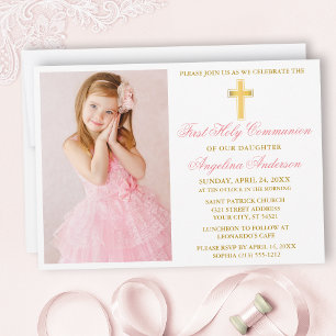 Elegant Gold Pink First Communion Photo Invitation