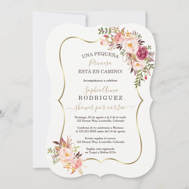 Elegant Gold Pink Floral Baby Shower Por Correo Invitation (Front)