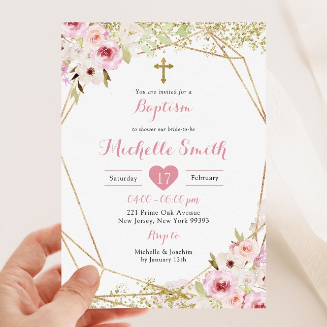 Elegant Gold Pink Floral Girl Baptism Invitation (Creator Uploaded)