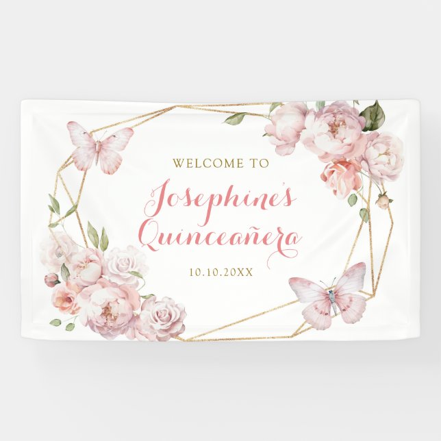 Elegant Gold Pink Floral Girl Quinceañera Large Banner (Horizontal)