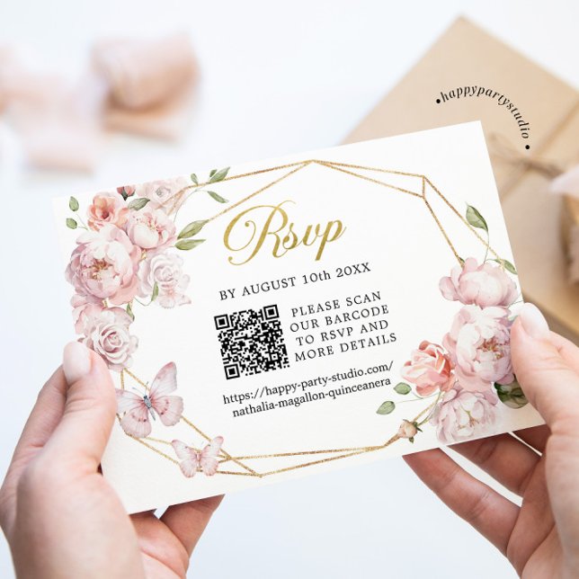 Elegant Gold Pink Floral Mis Quince Años QR RSVP Card (Creator Uploaded)